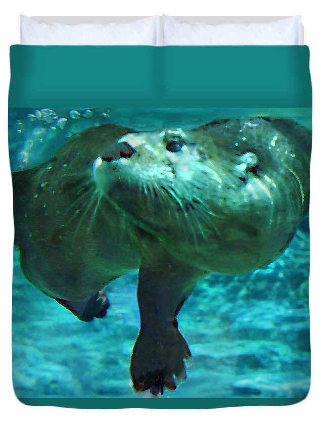 Animal Duvet Cover featuring the photograph River Otter by Steve Karol