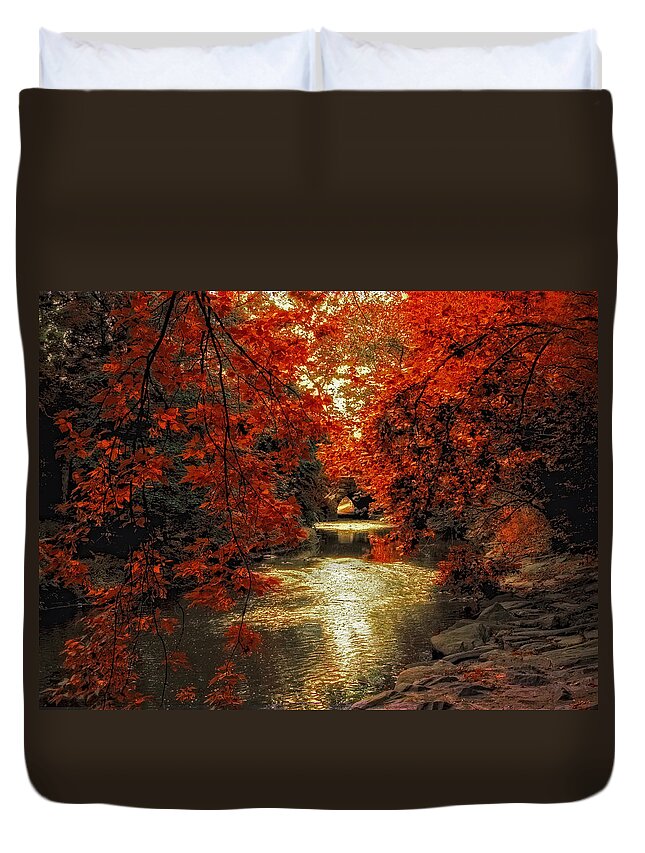 Autumn Duvet Cover featuring the photograph Riverbank Red by Jessica Jenney
