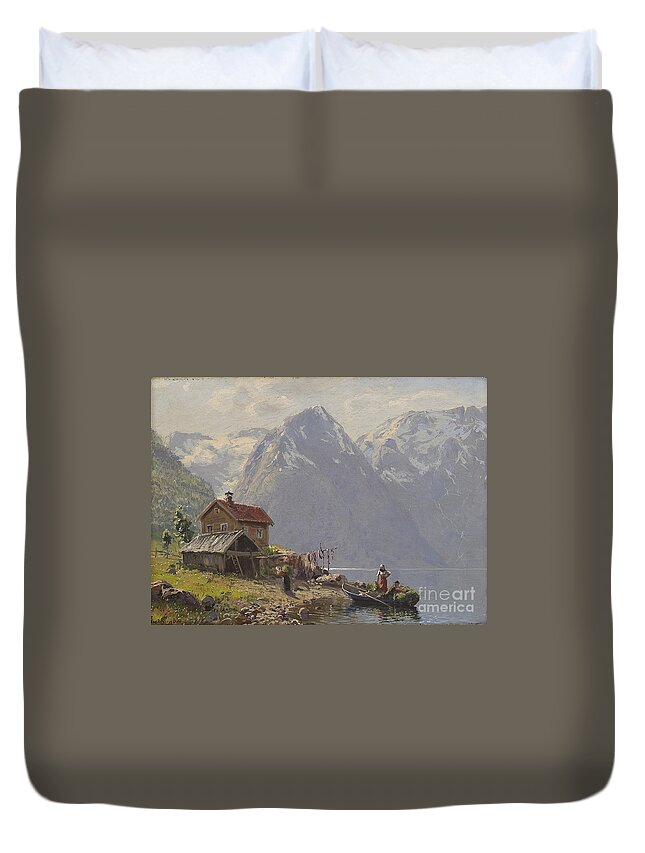 Hans Dahl Duvet Cover featuring the painting Riverscape by Hans Dahl