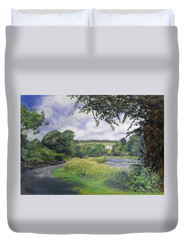 Landscape Duvet Cover featuring the painting Riverside House and The Cauld by Richard James Digance
