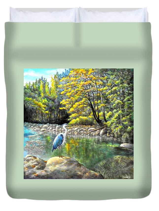The Great Blue Heron Duvet Cover featuring the painting Riverside Wonders with the Great Blue Heron by Eileen Fong