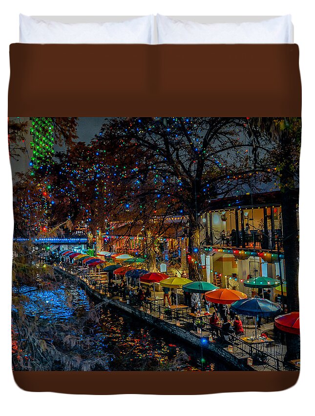 Tx Duvet Cover featuring the pyrography Riverwalk Holiday by David Meznarich