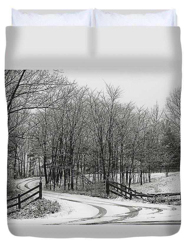 Road Duvet Cover featuring the photograph Road in the snow Black and White by Tatiana Travelways