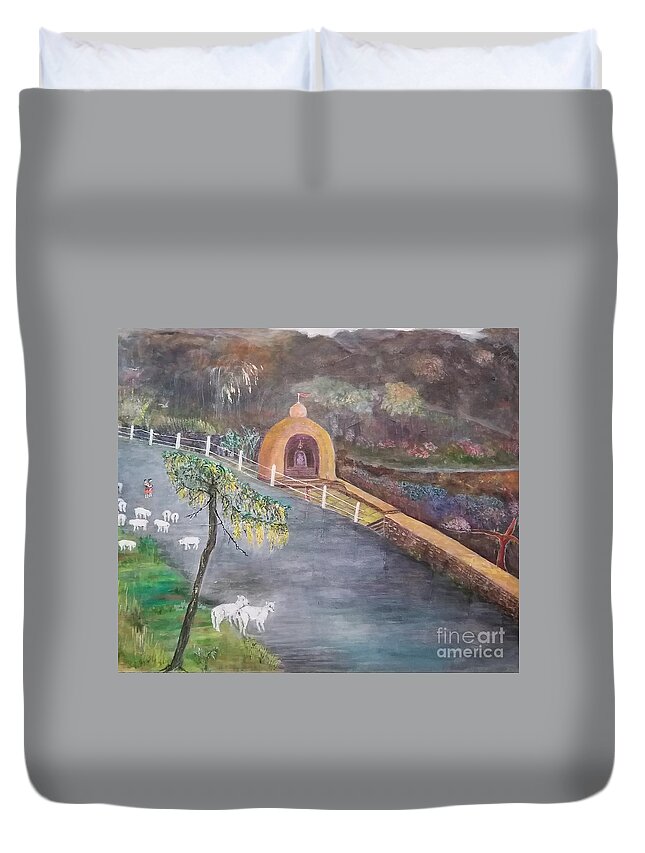 Landscape Duvet Cover featuring the painting Road on the hill by Subrata Bose