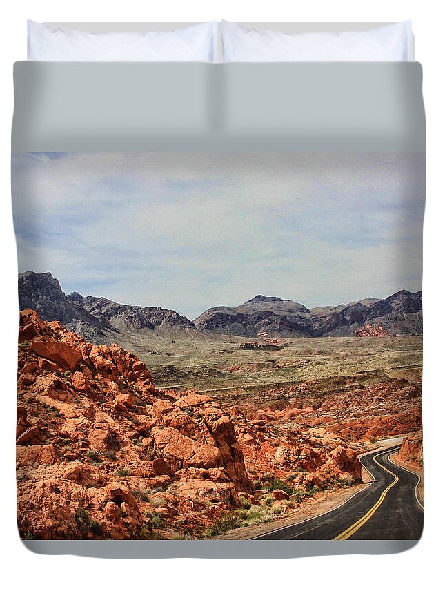 Desert Duvet Cover featuring the photograph Road to fire by Tammy Espino