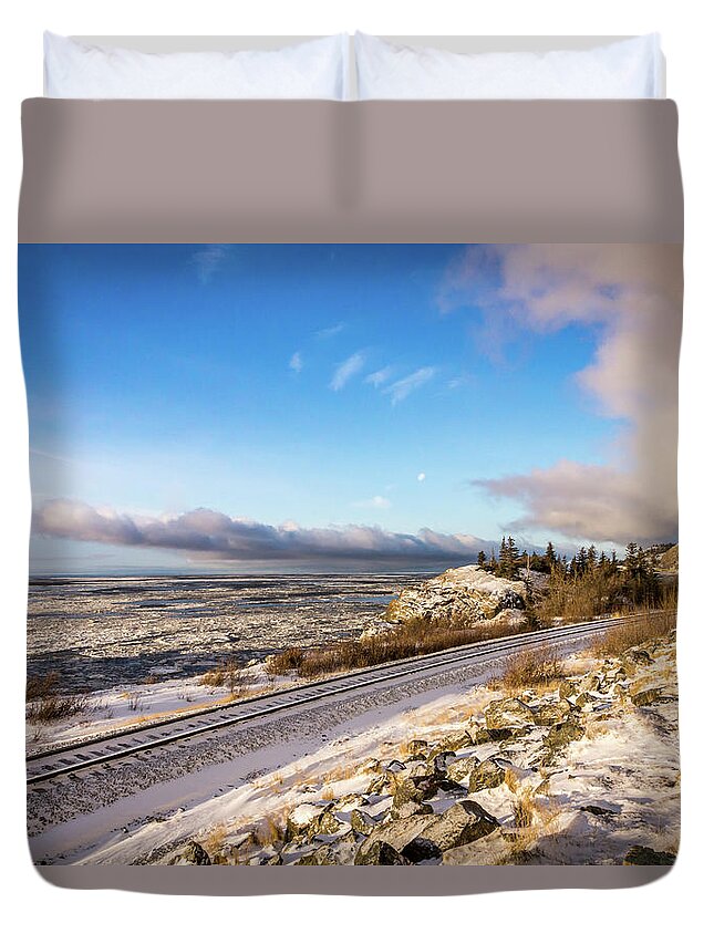 Usa Duvet Cover featuring the photograph Road, tracks, and water by Framing Places