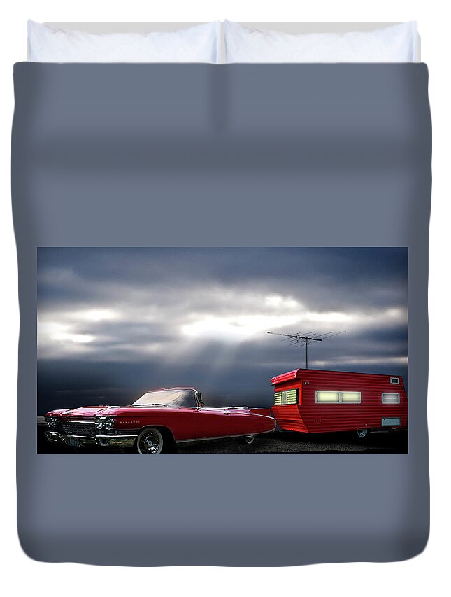 Transportation Duvet Cover featuring the photograph Red Cadillac Travel Trailer Road Trip by Larry Butterworth