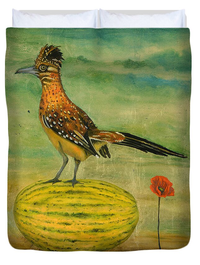 Roadrunner Duvet Cover featuring the painting Roadrunner On A Melon by Leah Saulnier The Painting Maniac