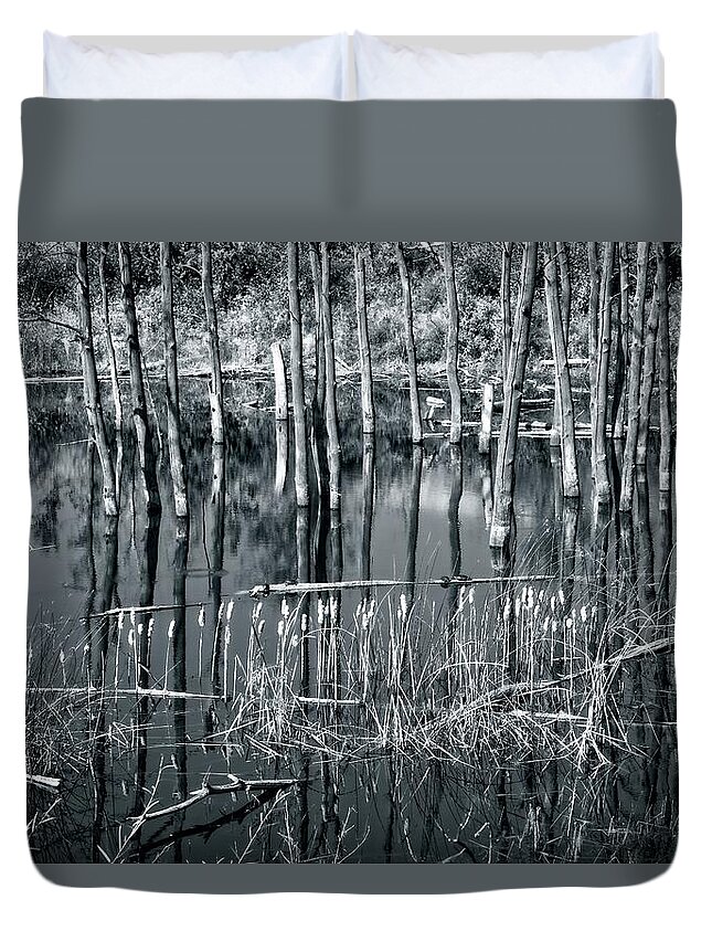 Vernon Duvet Cover featuring the photograph Roadside Reflections Black and White by Allan Van Gasbeck