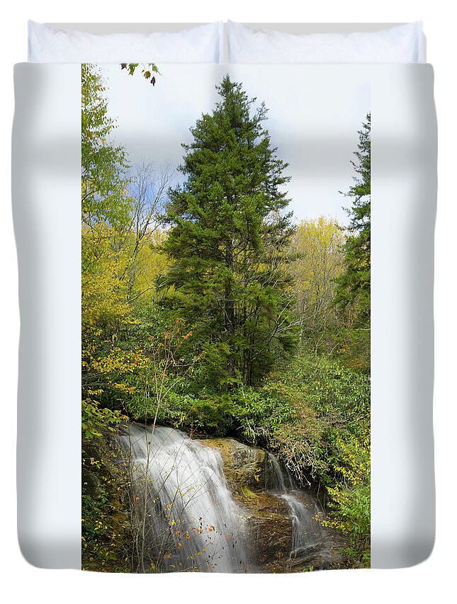 Waterfall Duvet Cover featuring the photograph Roadside Waterfall in North Carolina by Mike McGlothlen