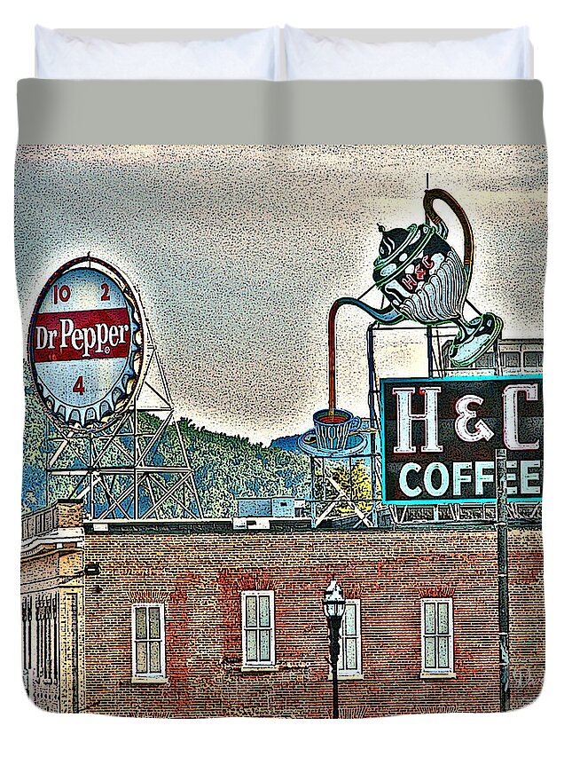 Roanoke Va Virginia Duvet Cover featuring the photograph Roanoke VA Virginia - Dr Pepper and H C Coffee Vintage Signs by Dave Lynch