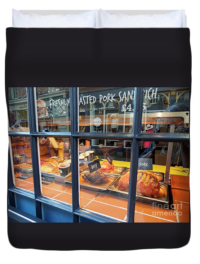 Roasted Duvet Cover featuring the photograph Roasted meats in a shop window in York England by Louise Heusinkveld