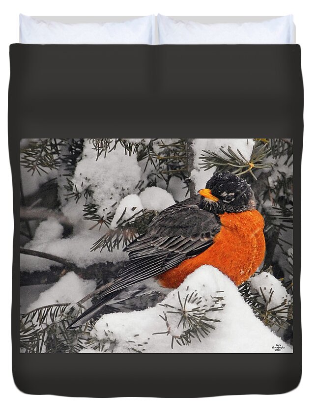Robin Duvet Cover featuring the photograph Robin in March Snowstorm in Michigan by Peg Runyan