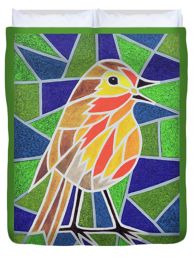 Robin Duvet Cover featuring the painting Robin on Stained Glass by Pat Scott
