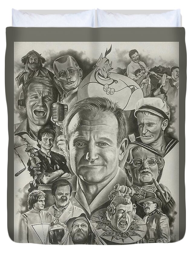 Robin Williams Duvet Cover featuring the drawing Robin Williams by James Rodgers