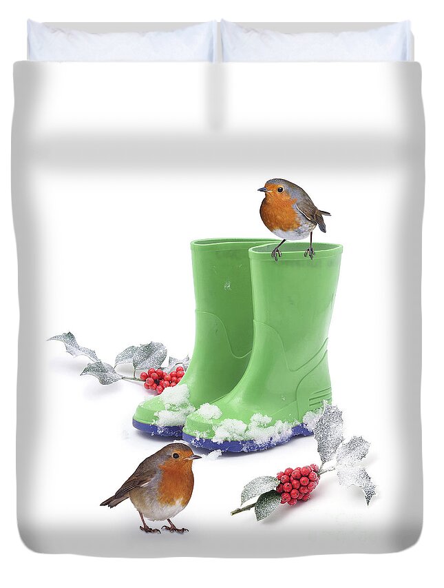 Robins Duvet Cover featuring the photograph Robins and green wellies by Warren Photographic
