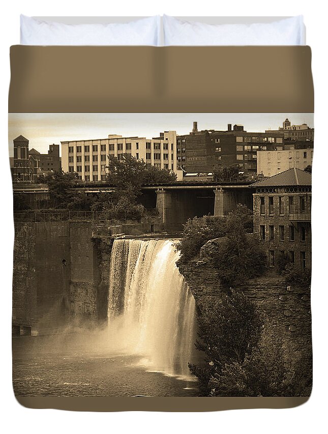 America Duvet Cover featuring the photograph Rochester, New York - High Falls 2 Sepia by Frank Romeo