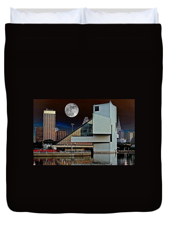 The Rock & Roll Hall Of Fame & Museum Duvet Cover featuring the photograph Rock Hall Moonlight by Suzanne Stout