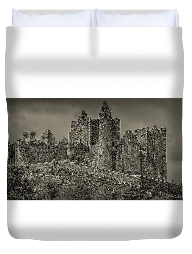 Ancient Duvet Cover featuring the photograph Rock of Cashel Monochrome by Teresa Wilson