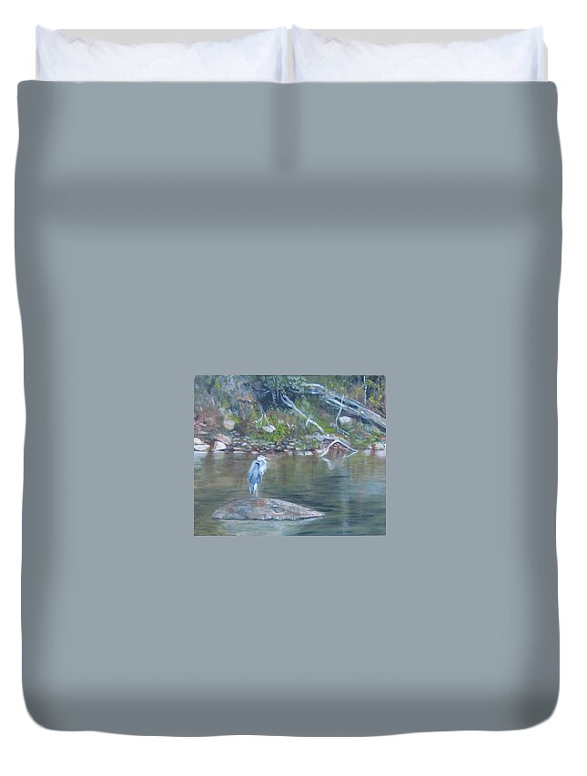 Blue Heron Duvet Cover featuring the painting Rock Star by Paula Pagliughi
