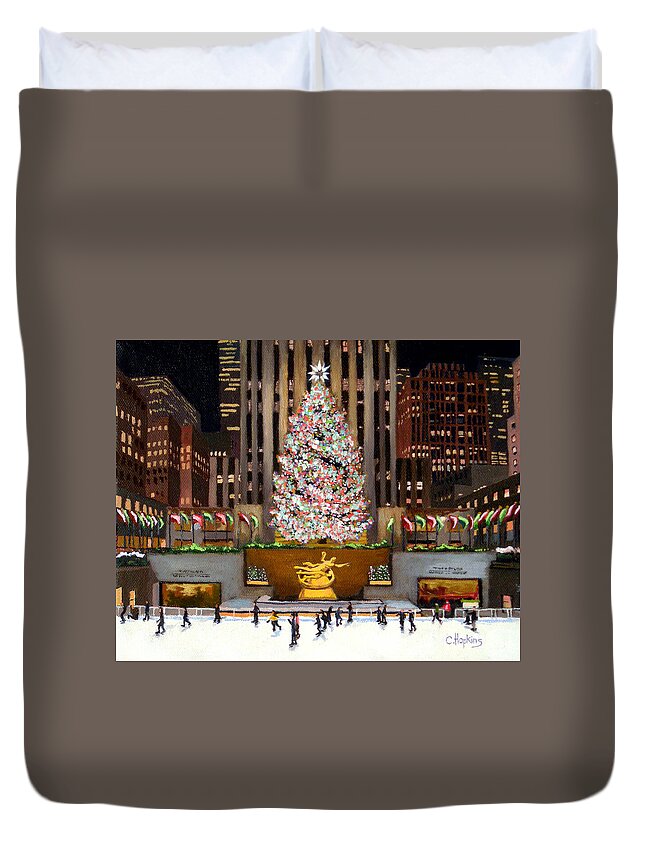 Christine Hopkins Duvet Cover featuring the painting Rockefeller Center - New York City by Christine Hopkins