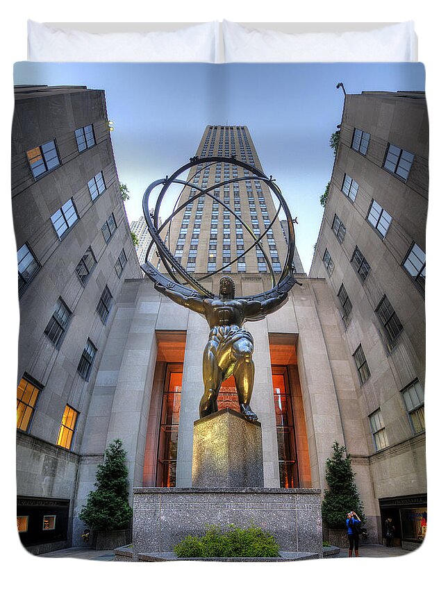 Art Duvet Cover featuring the photograph Rockefeller Centre Atlas - NYC - Vertorama by Yhun Suarez