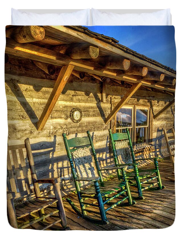 Appalachia Duvet Cover featuring the photograph Rocking Chairs on the Porch in the Sun by Debra and Dave Vanderlaan