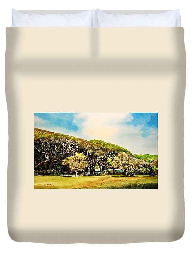 Landscape Duvet Cover featuring the painting Rockport Oaks by Robert W Cook