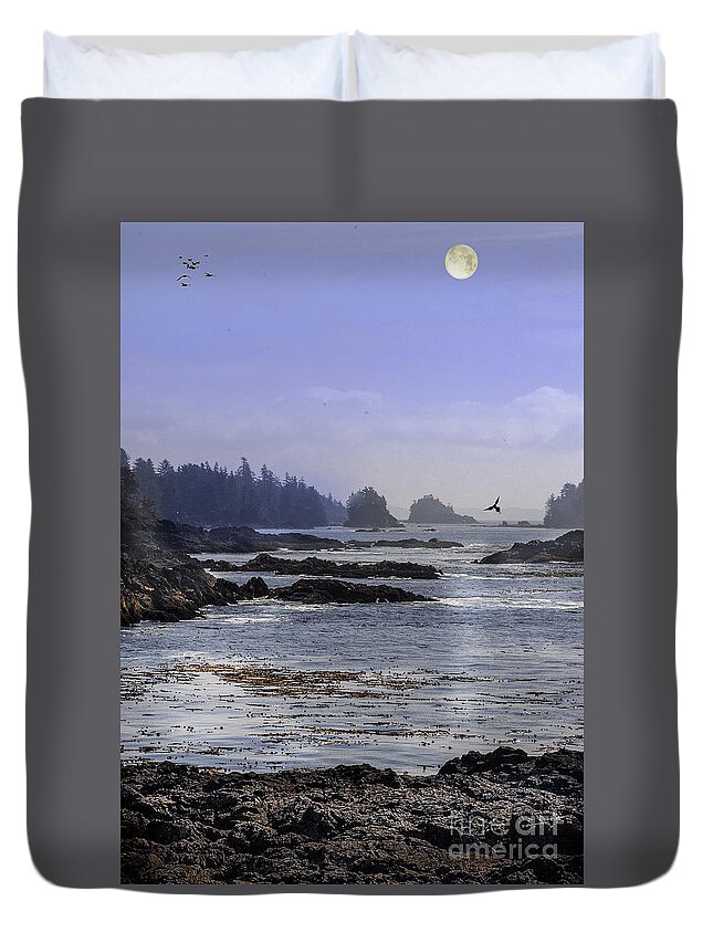 Water Duvet Cover featuring the photograph Rocks and Moon and Water by Barry Weiss