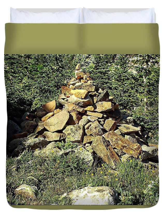 Rocky Mountains Duvet Cover featuring the photograph Rocky Mountain Cairn by Joseph Hendrix