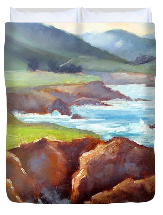 Big Sur Duvet Cover featuring the painting Rocky Point Afternoon Big Sur by Karin Leonard