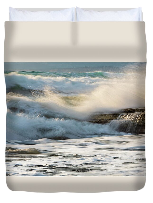 Sea Waves Duvet Cover featuring the photograph Rocky seashore, wavy ocean and wind waves crashing on the rocks by Michalakis Ppalis
