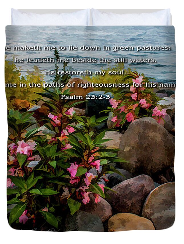 Rocky Shores Duvet Cover featuring the photograph Rocky Shores of Lake St. Clair- Michigan Psalm 23 2-3 by Joann Copeland-Paul