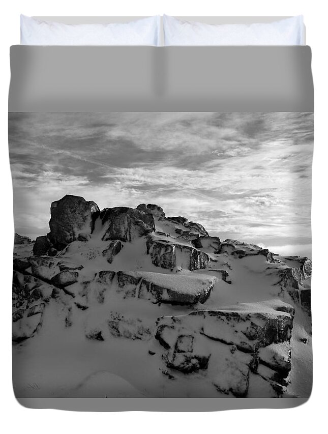 Nature Duvet Cover featuring the photograph Rocky snow black and white by Lukasz Ryszka