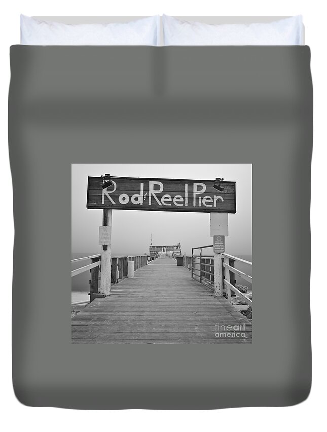 Rod And Reel Pier Duvet Cover featuring the photograph Rod And Reel Pier in Fog in Infrared 53 by Rolf Bertram