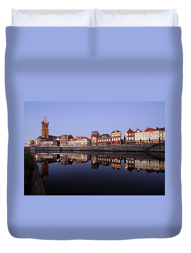Roerkade Duvet Cover featuring the photograph Roerkade in Roermond with the St. Christopher's Cathedral at dusk 292 by Merijn Van der Vliet