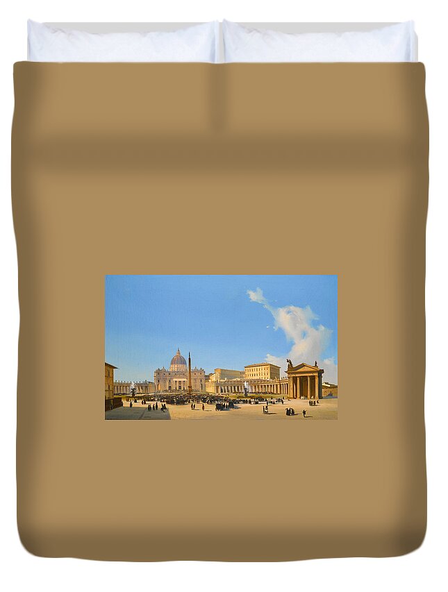 Ippolito Caffi Duvet Cover featuring the painting Rome A view of Saint Peter's Basilica and Square with Crowds awaiting a Papal Audience by Ippolito Caffi