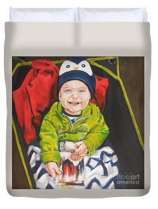 Baby In Kart Duvet Cover featuring the painting Ronald Helping Mom Plant Tulip Bulbs by Cami Lee
