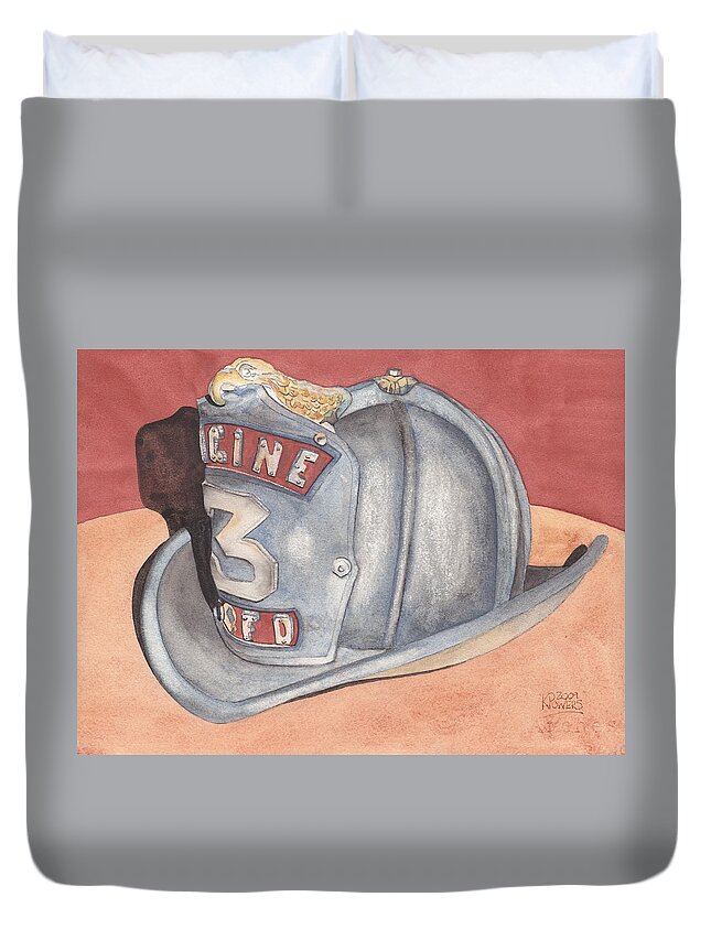 Fire Duvet Cover featuring the painting Rondo's Fire Helmet by Ken Powers