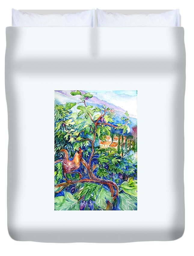  Rooster Duvet Cover featuring the painting Rooster in a Fig Tree, Tuscany  by Trudi Doyle