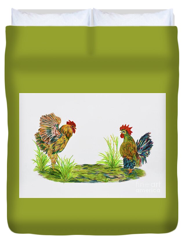 Rooster Art Duvet Cover featuring the drawing Rooster Talk by Olga Hamilton