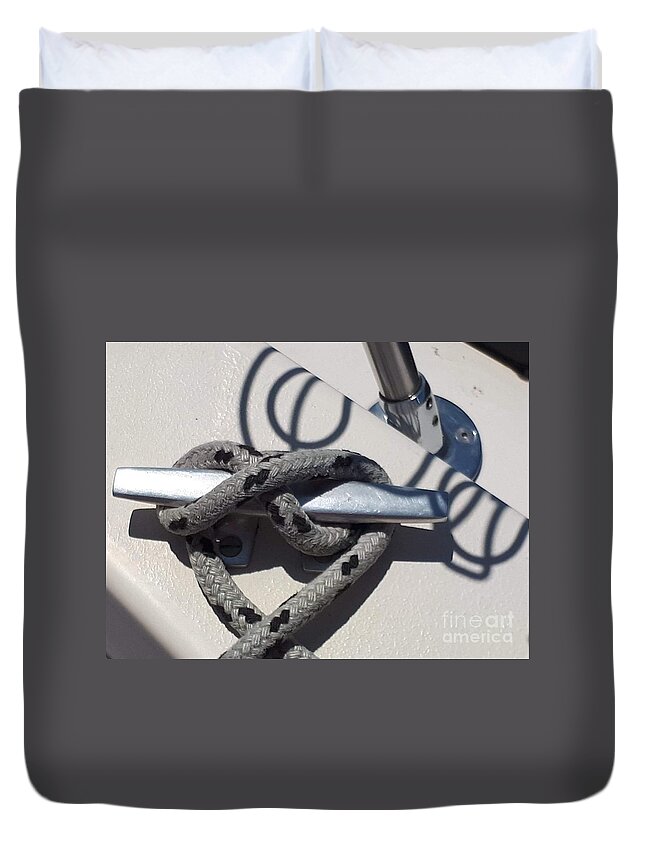 Sailing Duvet Cover featuring the photograph Rope on cleat with wire drink holder shadows by Lisa Koyle