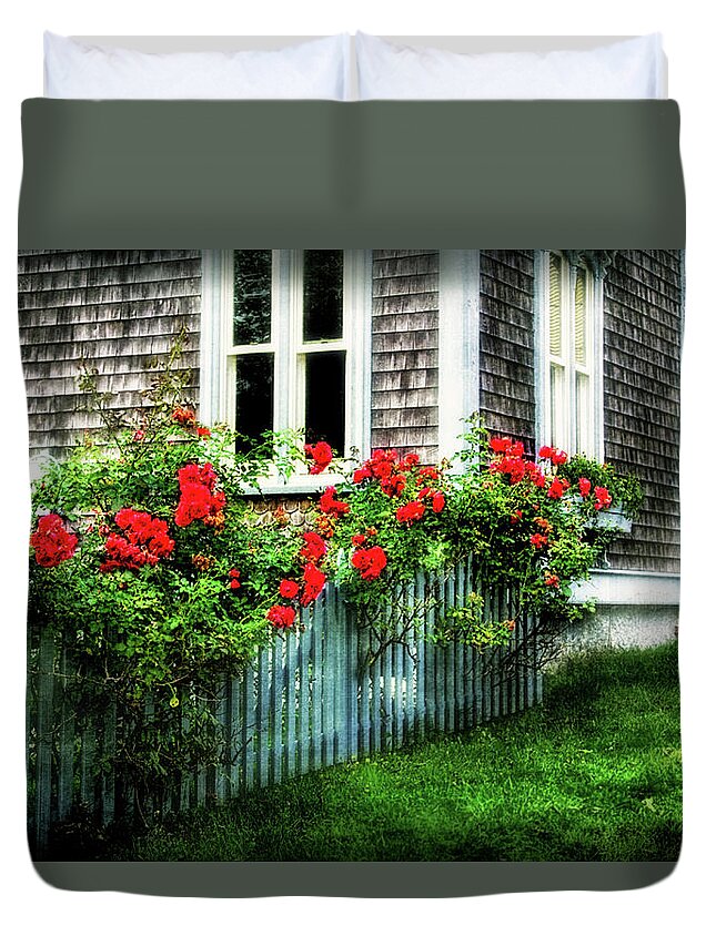 Rose-covered Fence In Historic Selburne Ns Duvet Cover featuring the photograph Rose-covered Fence in Shelburne NS by Carolyn Derstine