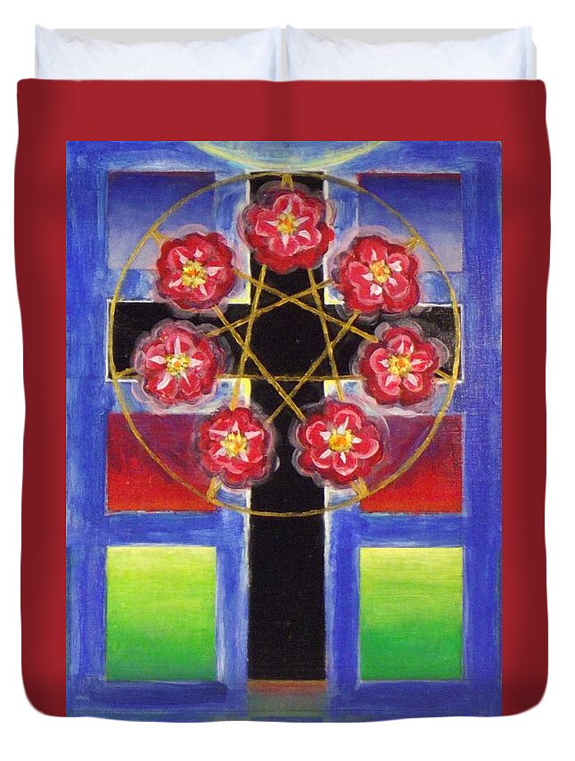 Rose Cross With 7 Pointed Star Duvet Cover featuring the painting Rose Cross with 7 Pointed Star, Stephen Hawks 2015 by Stephen Hawks
