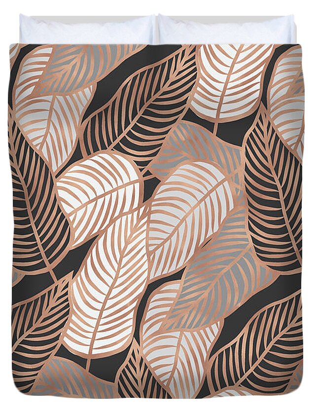 Rose Duvet Cover featuring the mixed media Rose Gold Jungle Leaves by Emanuela Carratoni