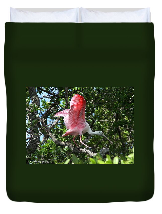 Spoonbill Duvet Cover featuring the photograph Roseate Spoonbill in flight by Barbara Bowen