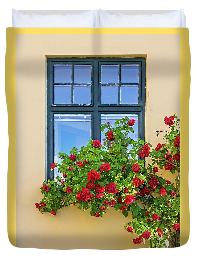 Roses Duvet Cover featuring the photograph Roses decorating a house by GoodMood Art
