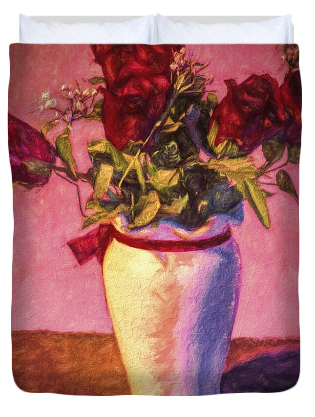 Fine Art Photography Duvet Cover featuring the photograph ROSES in VASE ... by Chuck Caramella
