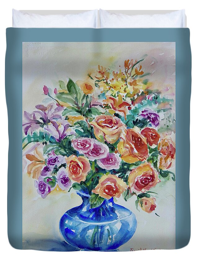 Flowers Duvet Cover featuring the painting Roses with Blue Vase by Ingrid Dohm