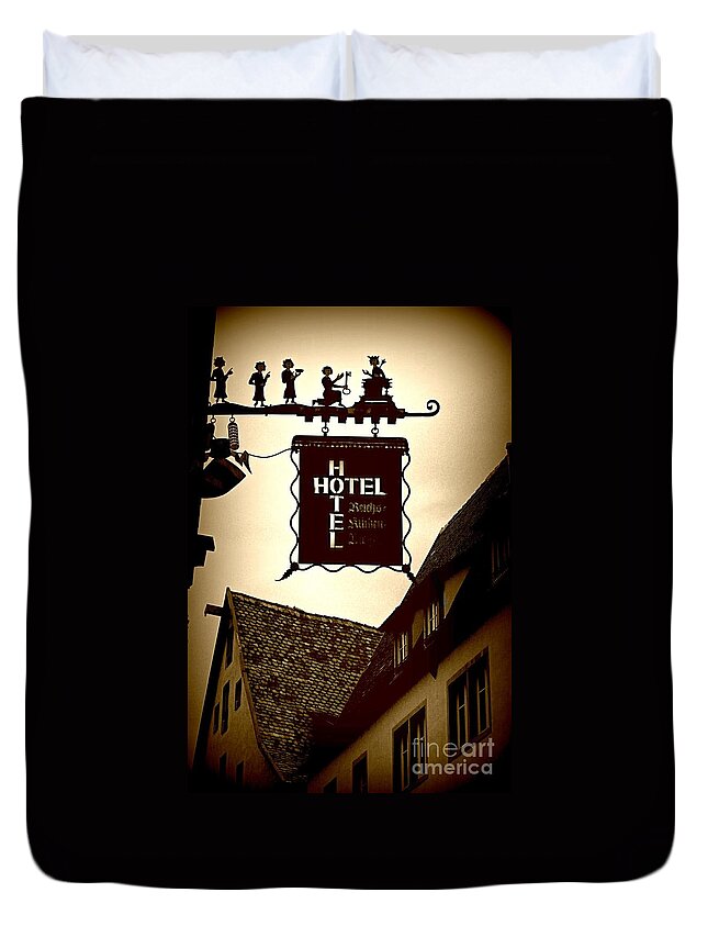 Hotel Sign Duvet Cover featuring the photograph Rothenburg Hotel Sign - Digital by Carol Groenen